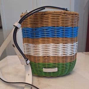 NWOT Kate Spade Multicolor Buoy Wicker Medium Bucket Bag w/ Leather Crossbody